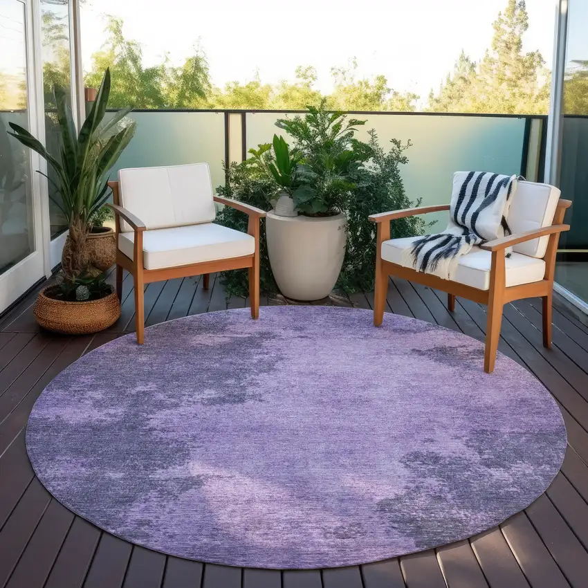 8' Purple And Lavender Round Abstract Washable Indoor Outdoor Area Rug Photo 5