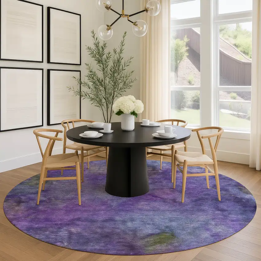 8' Purple And Lavender Round Abstract Washable Indoor Outdoor Area Rug Photo 9