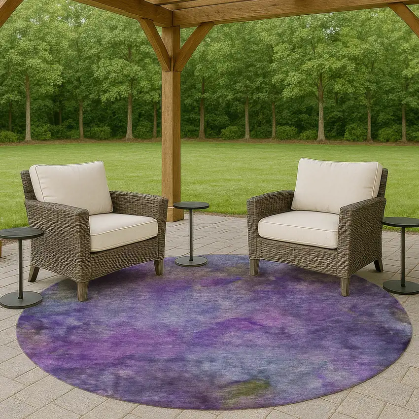 8' Purple And Lavender Round Abstract Washable Indoor Outdoor Area Rug Photo 8