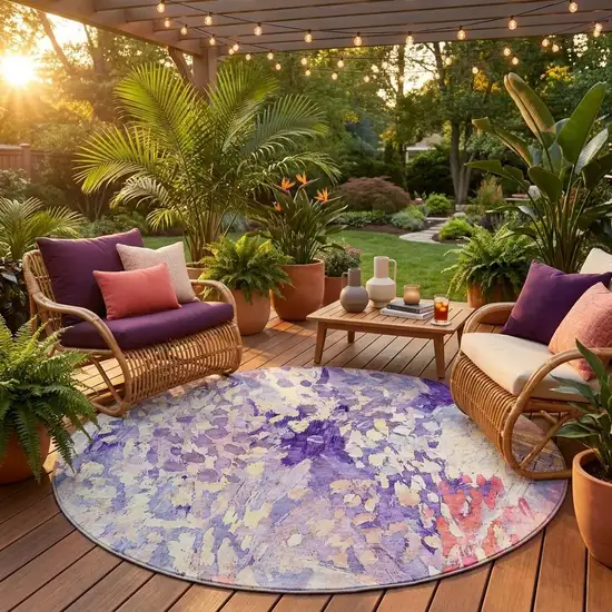 8' Purple And Lavender Round Abstract Washable Indoor Outdoor Area Rug Photo 1