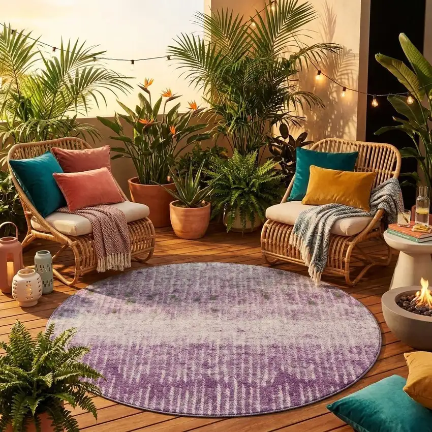 8' Purple And Lavender Round Abstract Washable Indoor Outdoor Area Rug Photo 1