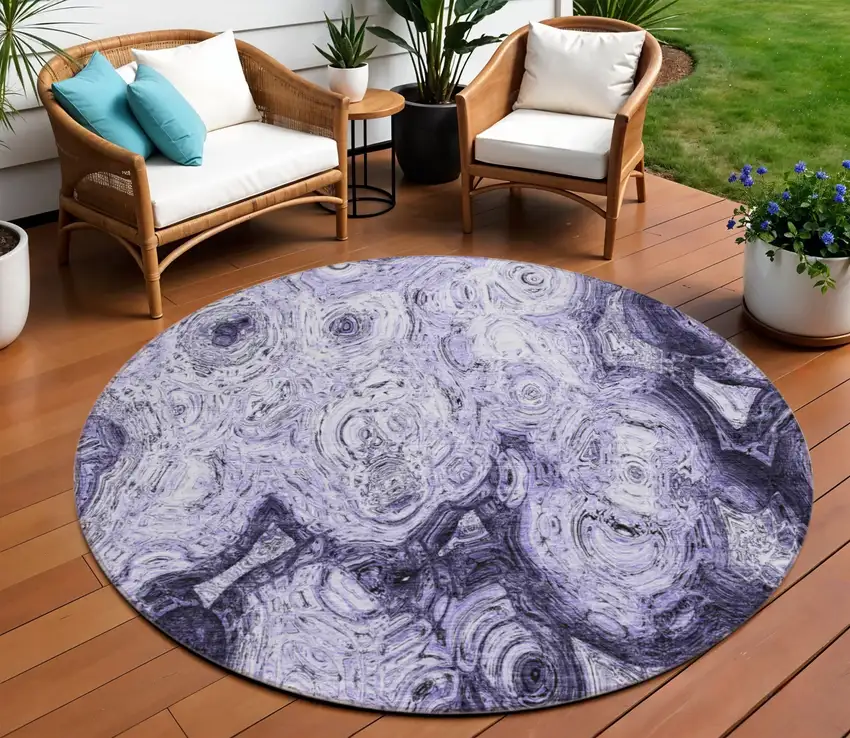 8' Purple And Lavender Round Abstract Washable Indoor Outdoor Area Rug Photo 1