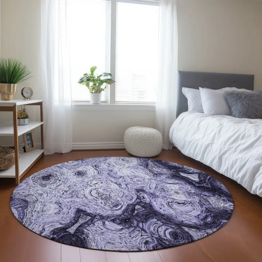 8' Purple And Lavender Round Abstract Washable Indoor Outdoor Area Rug Photo 6