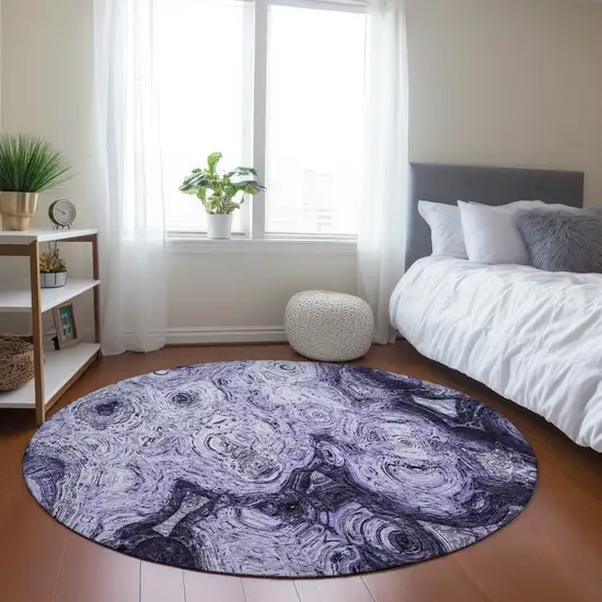8' Purple And Lavender Round Abstract Washable Indoor Outdoor Area Rug Photo 6