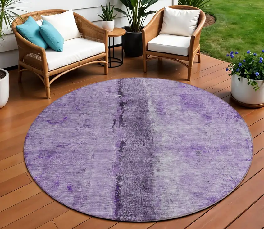 8' Purple And Lavender Round Abstract Washable Indoor Outdoor Area Rug Photo 1