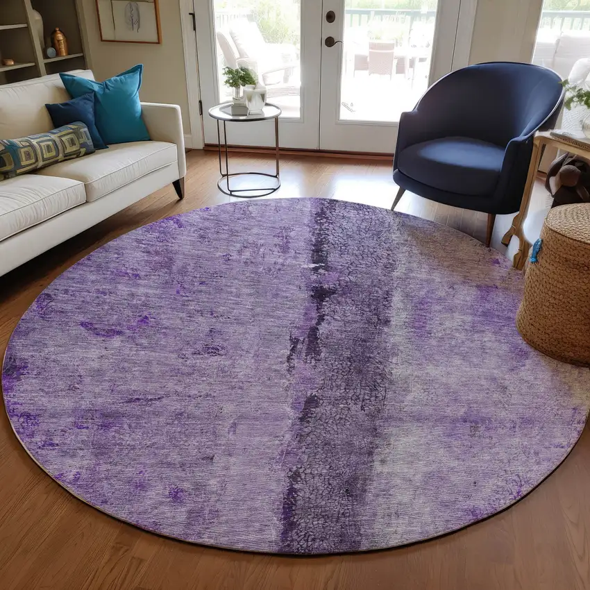 8' Purple And Lavender Round Abstract Washable Indoor Outdoor Area Rug Photo 7