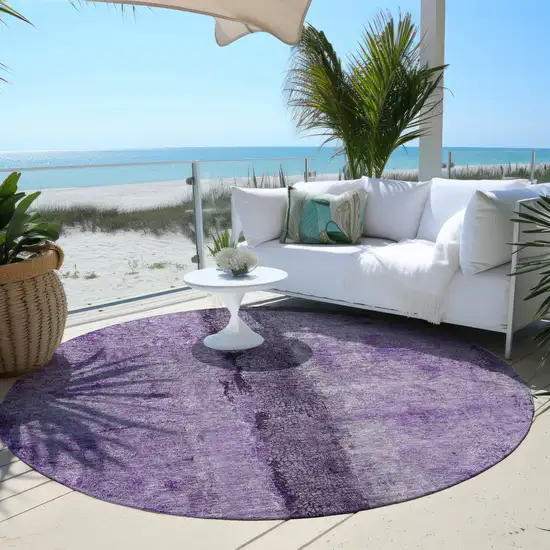 8' Purple And Lavender Round Abstract Washable Indoor Outdoor Area Rug Photo 6