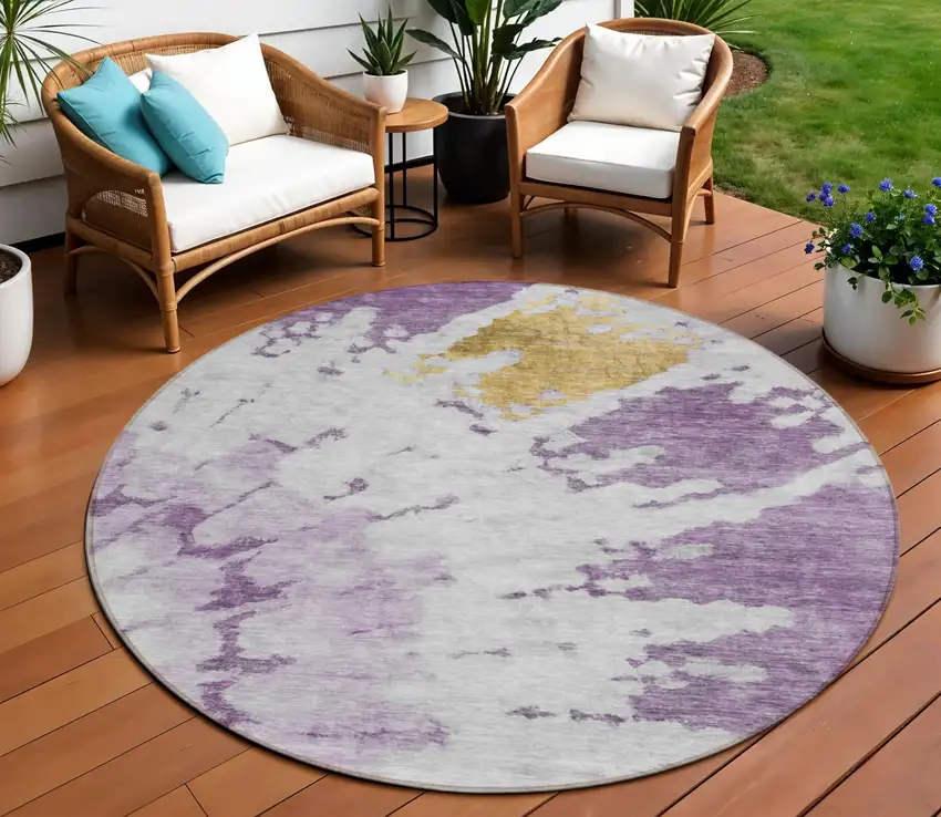 8' Purple And Lavender Round Abstract Washable Indoor Outdoor Area Rug Photo 1