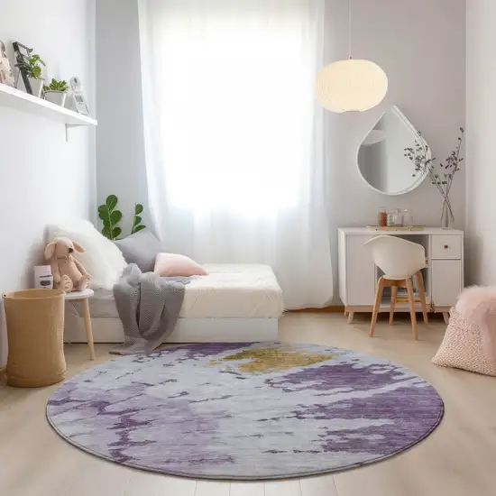 8' Purple And Lavender Round Abstract Washable Indoor Outdoor Area Rug Photo 7