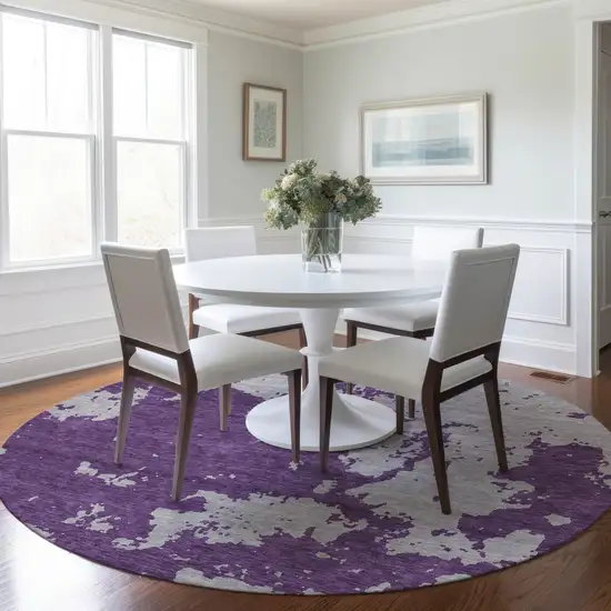 8' Purple And Lavender Round Abstract Washable Indoor Outdoor Area Rug Photo 7