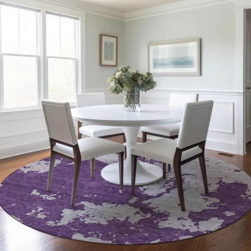 8' Purple And Lavender Round Abstract Washable Indoor Outdoor Area Rug Photo 7