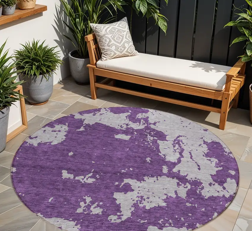 8' Purple And Lavender Round Abstract Washable Indoor Outdoor Area Rug Photo 1