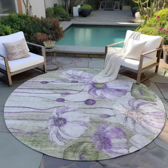 8' Purple And Lavender Round Floral Washable Indoor Outdoor Area Rug Photo 7