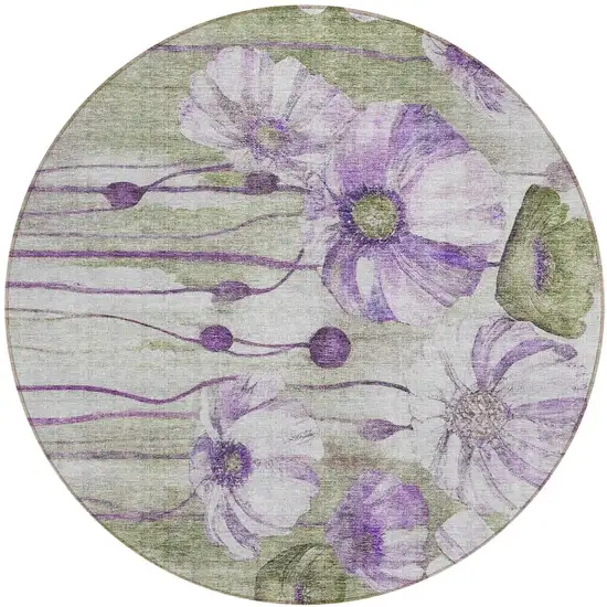 8' Purple And Lavender Round Floral Washable Indoor Outdoor Area Rug Photo 6