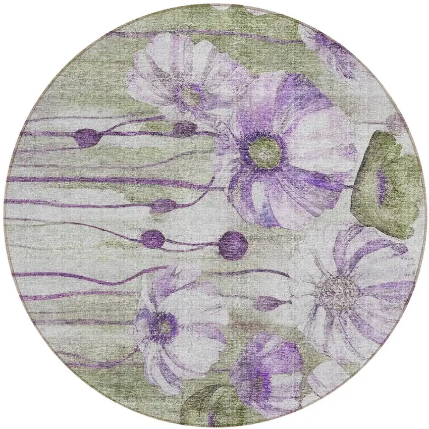 8' Purple And Lavender Round Floral Washable Indoor Outdoor Area Rug Photo 6
