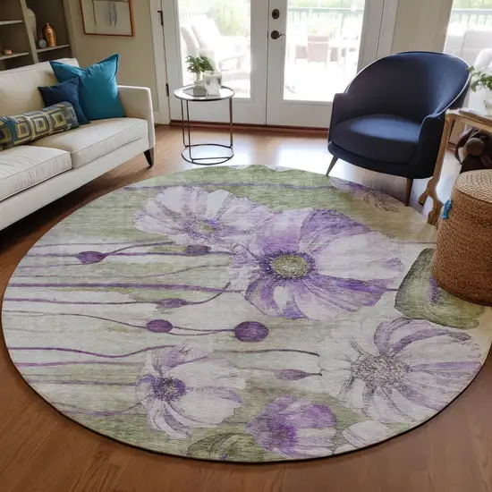 8' Purple And Lavender Round Floral Washable Indoor Outdoor Area Rug Photo 8