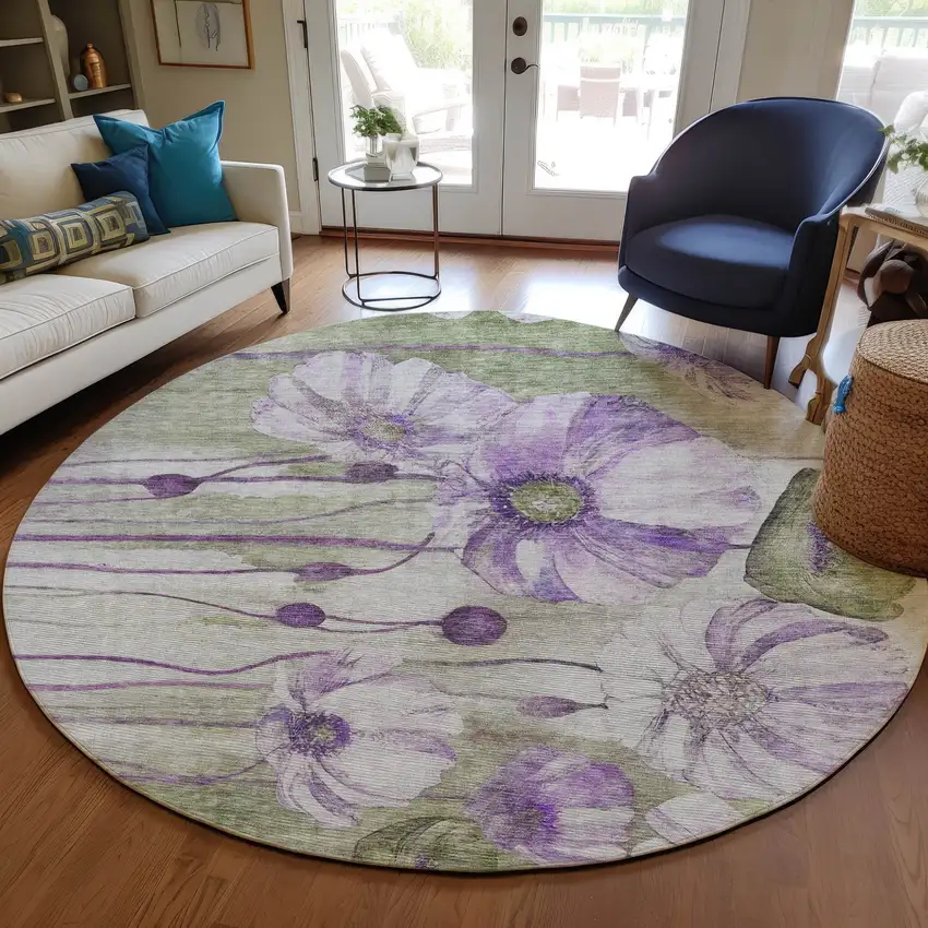 8' Purple And Lavender Round Floral Washable Indoor Outdoor Area Rug Photo 8