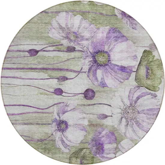 8' Purple And Lavender Round Floral Washable Indoor Outdoor Area Rug Photo 1