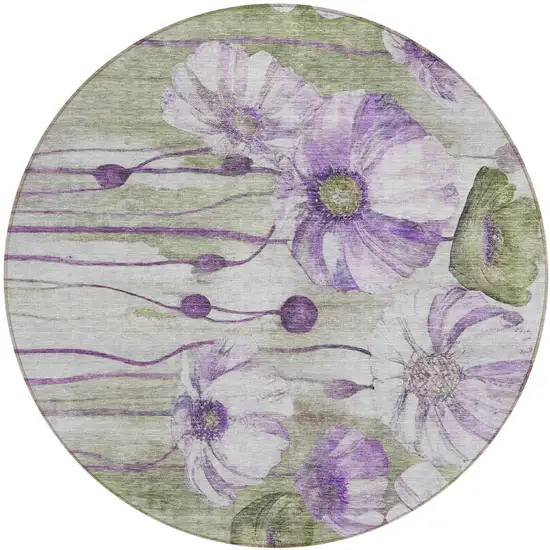 8' Purple And Lavender Round Floral Washable Indoor Outdoor Area Rug Photo 1
