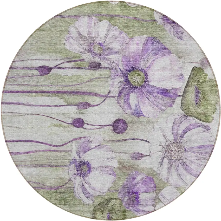8' Purple And Lavender Round Floral Washable Indoor Outdoor Area Rug Photo 1