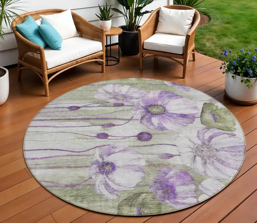 8' Purple And Lavender Round Floral Washable Indoor Outdoor Area Rug Photo 1