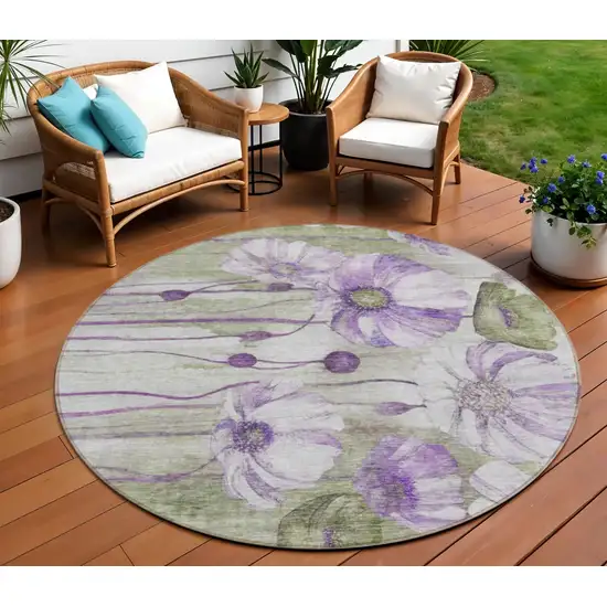 8' Purple And Lavender Round Floral Washable Indoor Outdoor Area Rug Photo 1