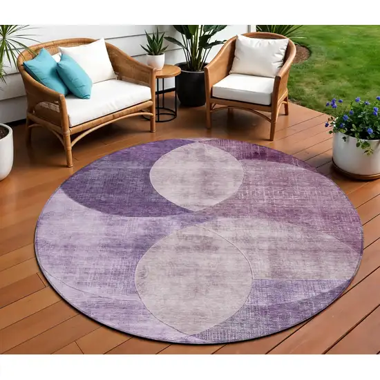 8' Purple And Lavender Round Geometric Washable Indoor Outdoor Area Rug Photo 1