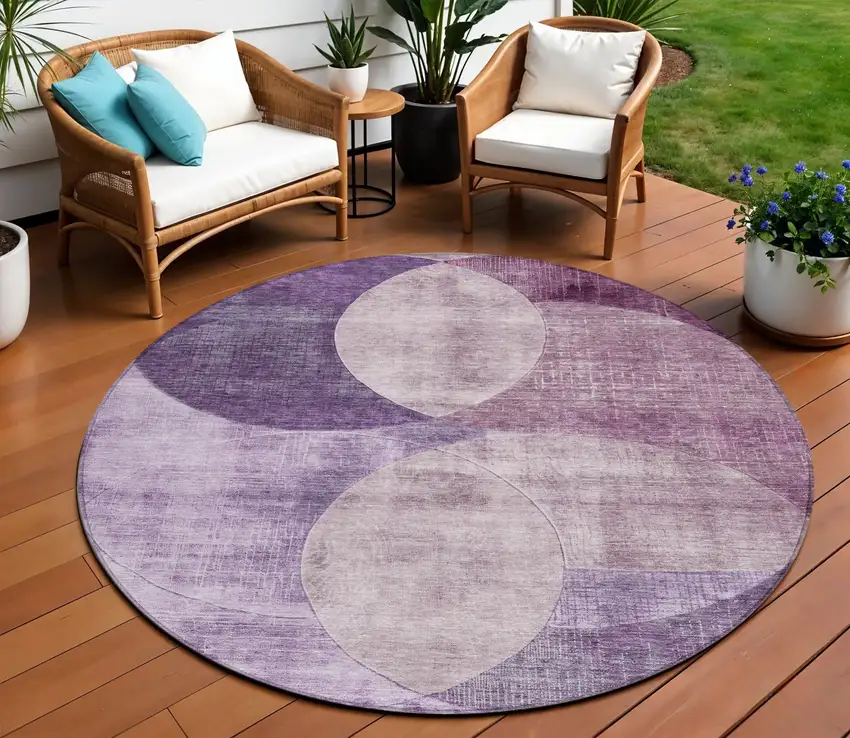 8' Purple And Lavender Round Geometric Washable Indoor Outdoor Area Rug Photo 1