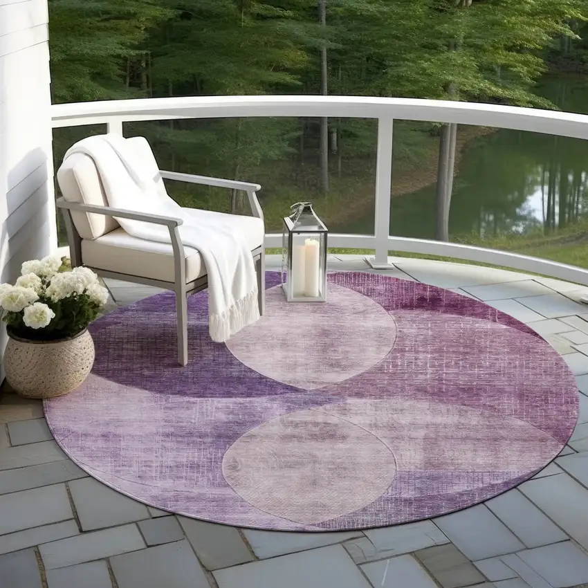 8' Purple And Lavender Round Geometric Washable Indoor Outdoor Area Rug Photo 7