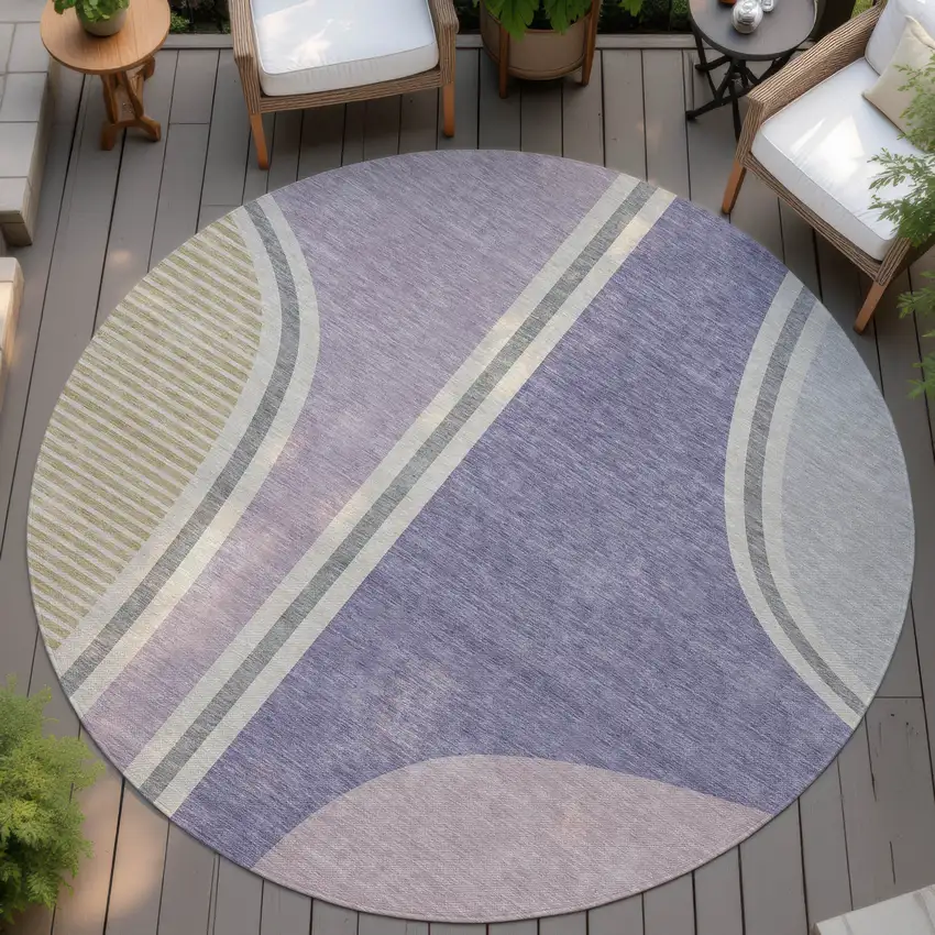 8' Purple And Lavender Round Geometric Washable Indoor Outdoor Area Rug Photo 4