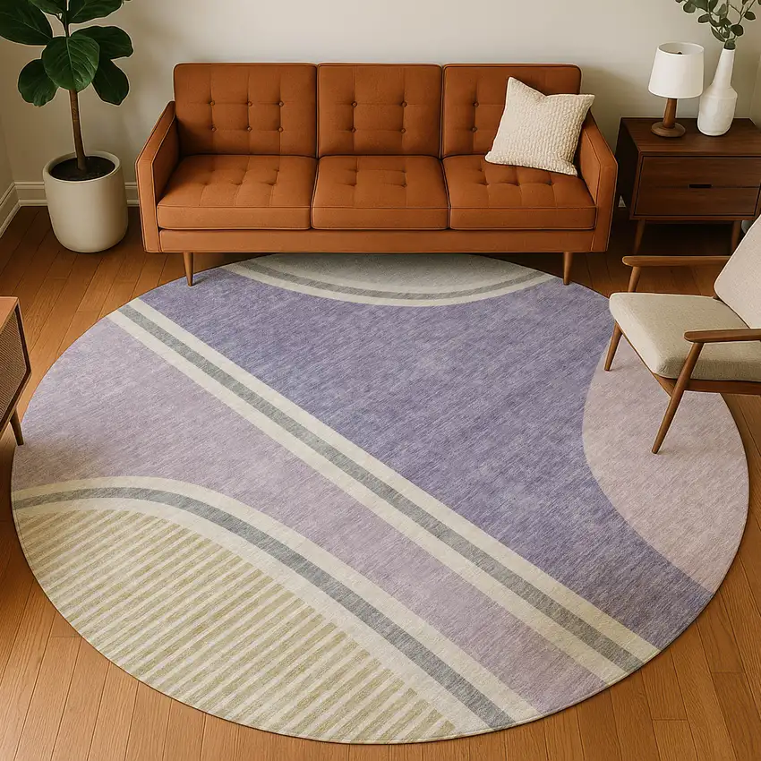 8' Purple And Lavender Round Geometric Washable Indoor Outdoor Area Rug Photo 5