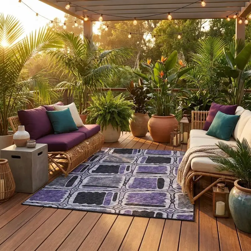8' Purple And Lavender Round Geometric Washable Indoor Outdoor Area Rug Photo 1