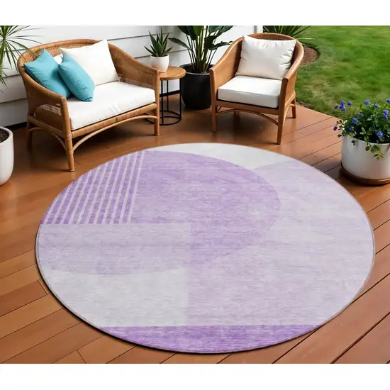 8' Purple And Lavender Round Geometric Washable Indoor Outdoor Area Rug Photo 1