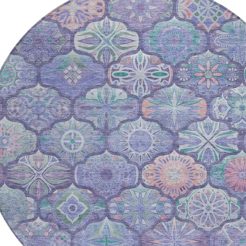 8' Purple And Lavender Round Ogee Washable Indoor Outdoor Area Rug Photo 7