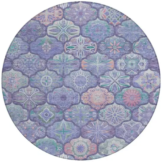 8' Purple And Lavender Round Ogee Washable Indoor Outdoor Area Rug Photo 1