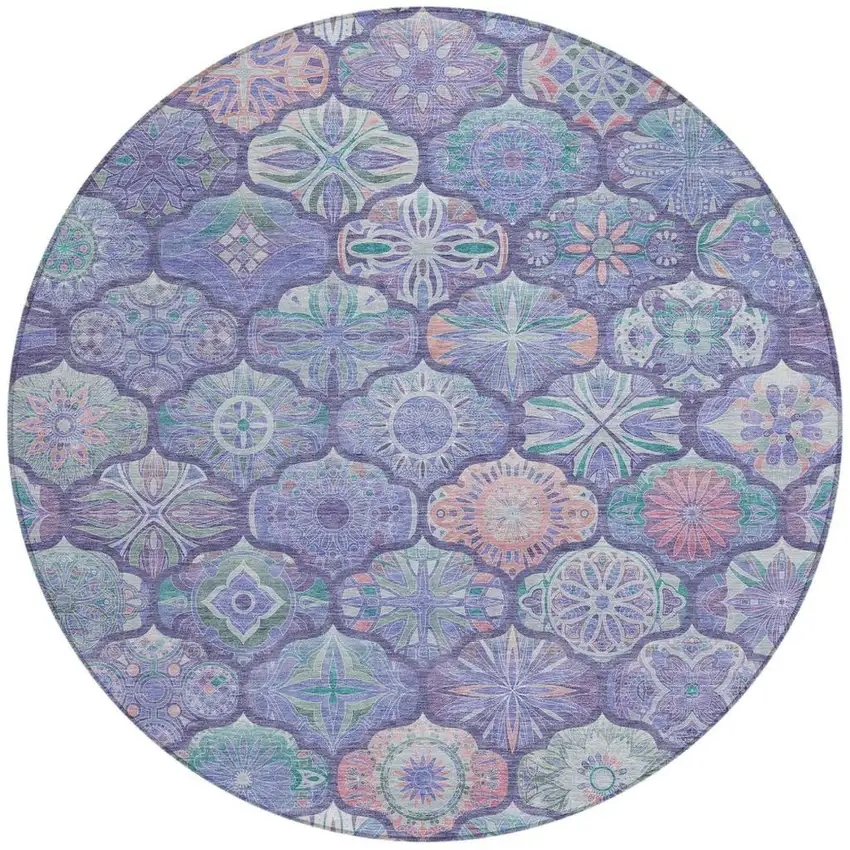 8' Purple And Lavender Round Ogee Washable Indoor Outdoor Area Rug Photo 1