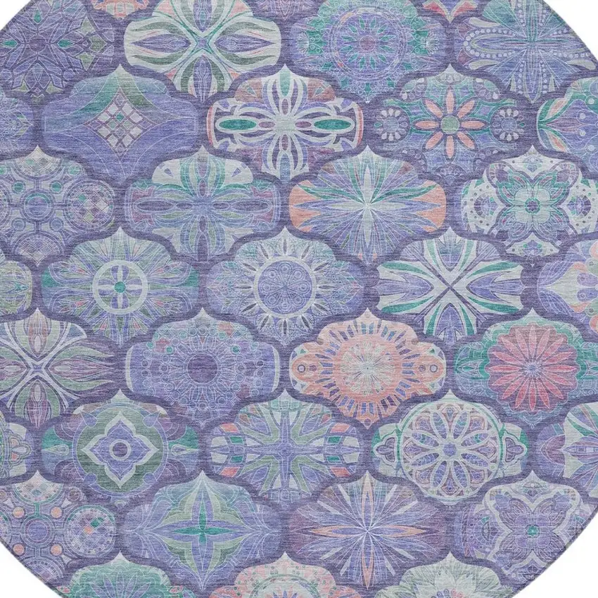 8' Purple And Lavender Round Ogee Washable Indoor Outdoor Area Rug Photo 9