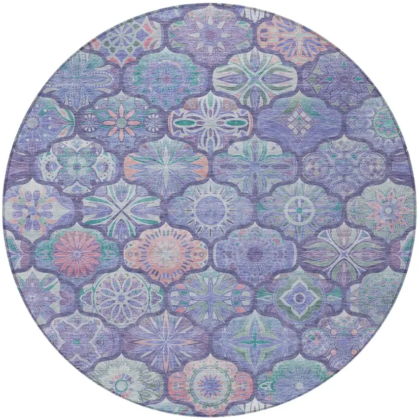 8' Purple And Lavender Round Ogee Washable Indoor Outdoor Area Rug Photo 3