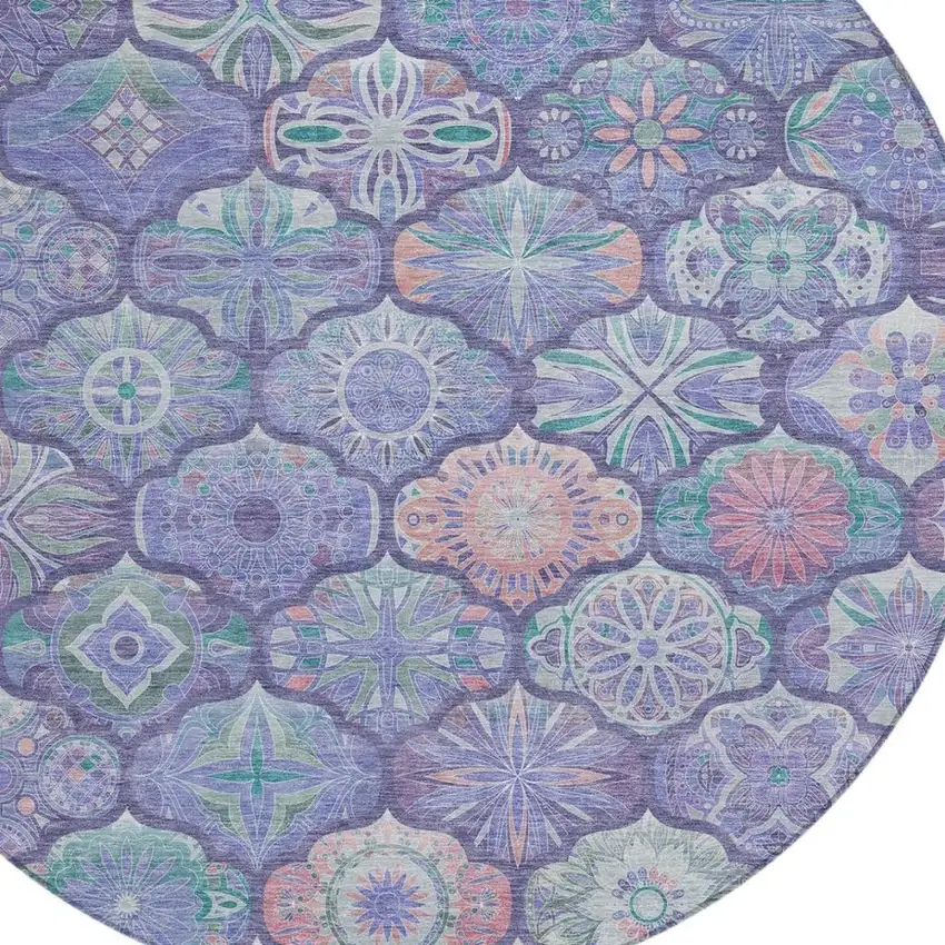 8' Purple And Lavender Round Ogee Washable Indoor Outdoor Area Rug Photo 5