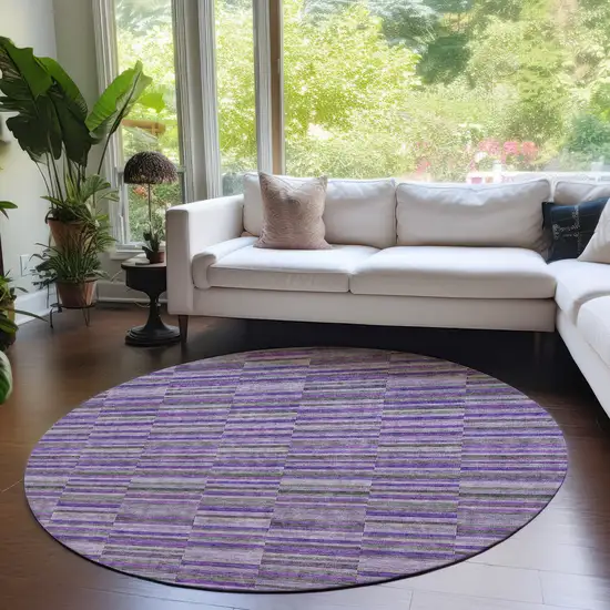 8' Purple And Lavender Round Striped Washable Indoor Outdoor Area Rug Photo 7