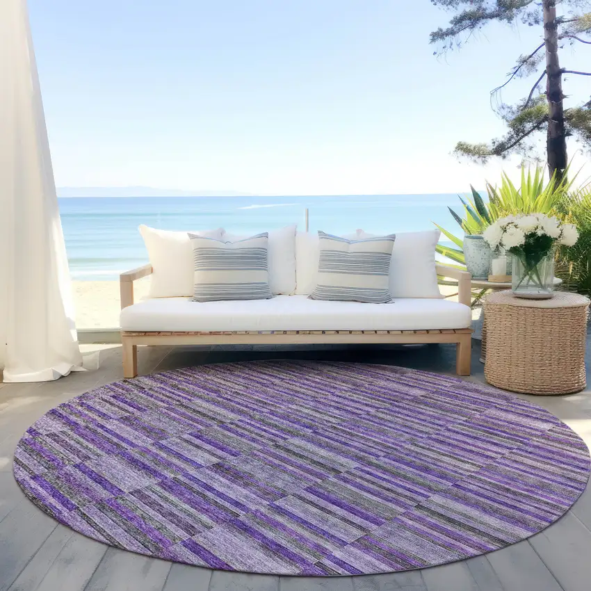 8' Purple And Lavender Round Striped Washable Indoor Outdoor Area Rug Photo 6