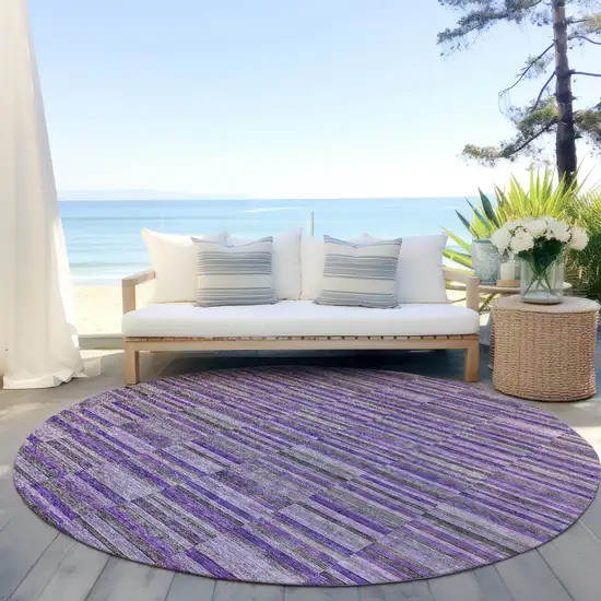 8' Purple And Lavender Round Striped Washable Indoor Outdoor Area Rug Photo 6