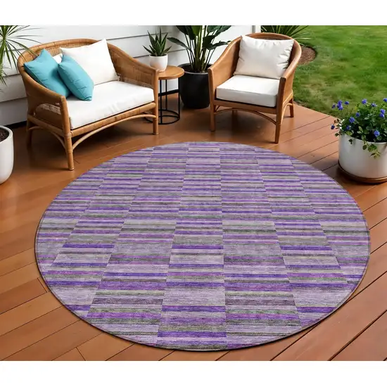 8' Purple And Lavender Round Striped Washable Indoor Outdoor Area Rug Photo 1