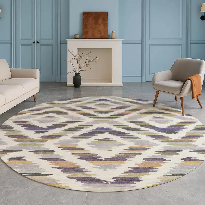 8' Purple And Lavender Round Tribal Washable Indoor Outdoor Area Rug Photo 5