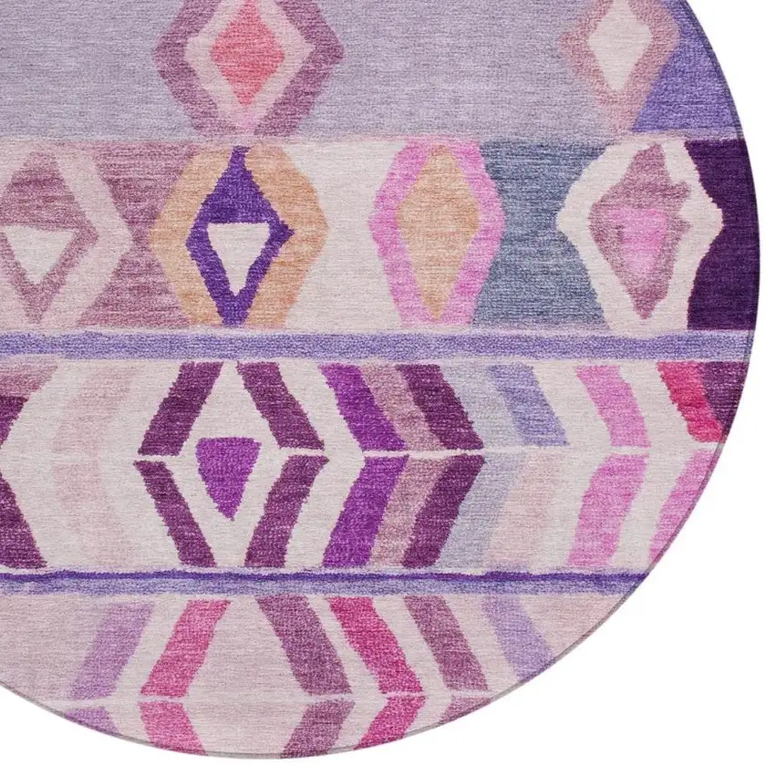 8' Purple And Lavender Round Tribal Washable Indoor Outdoor Area Rug Photo 3