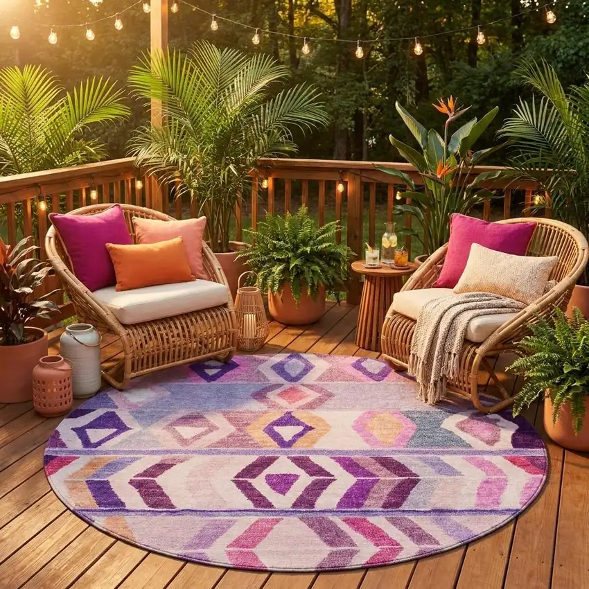 8' Purple And Lavender Round Tribal Washable Indoor Outdoor Area Rug Photo 1