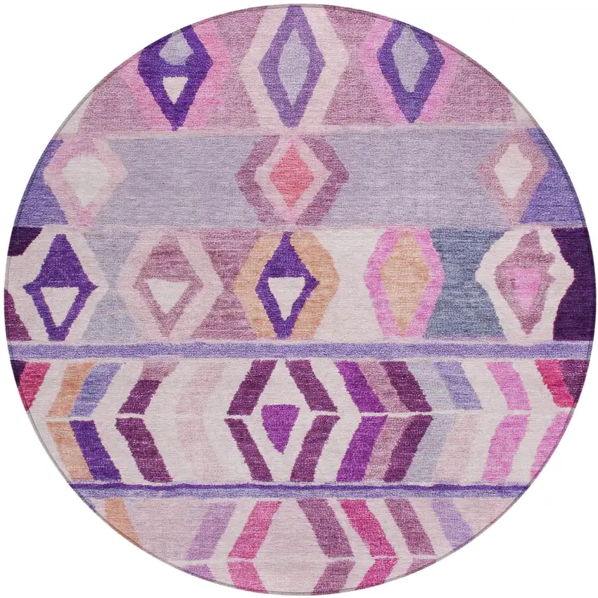 8' Purple And Lavender Round Tribal Washable Indoor Outdoor Area Rug Photo 2