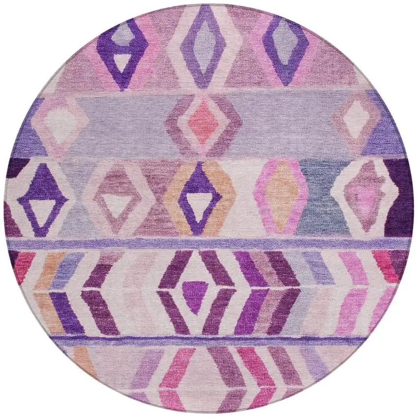 8' Purple And Lavender Round Tribal Washable Indoor Outdoor Area Rug Photo 4