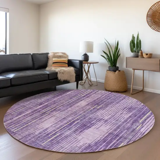 8' Purple And Lavender Striped Washable Round Rug With UV Protection Photo 4