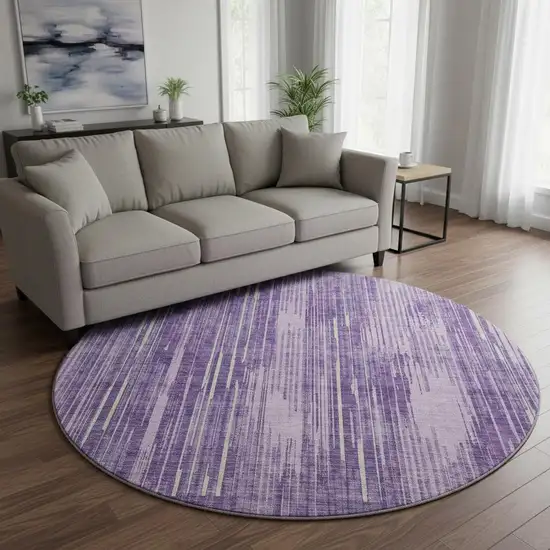 8' Purple And Lavender Striped Washable Round Rug With UV Protection Photo 2